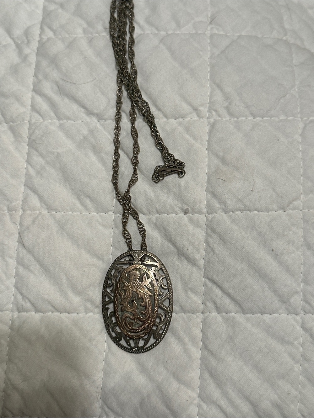 Vintage-Style Silver and Bronze Oval Filigree Pendant Necklace